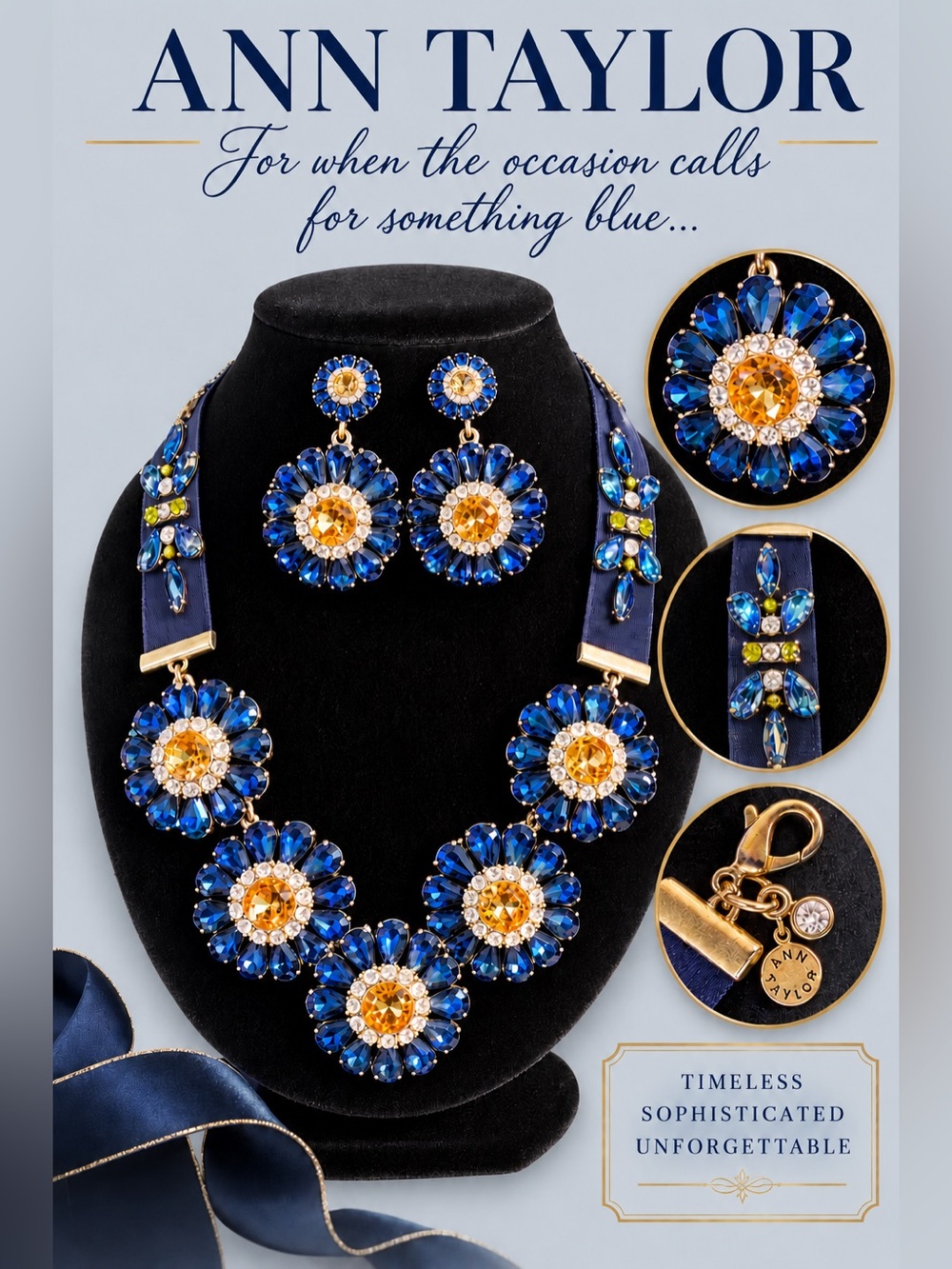 Ann Taylor Blue and Gold Floral Crystal Necklace with Matching Earrings Set